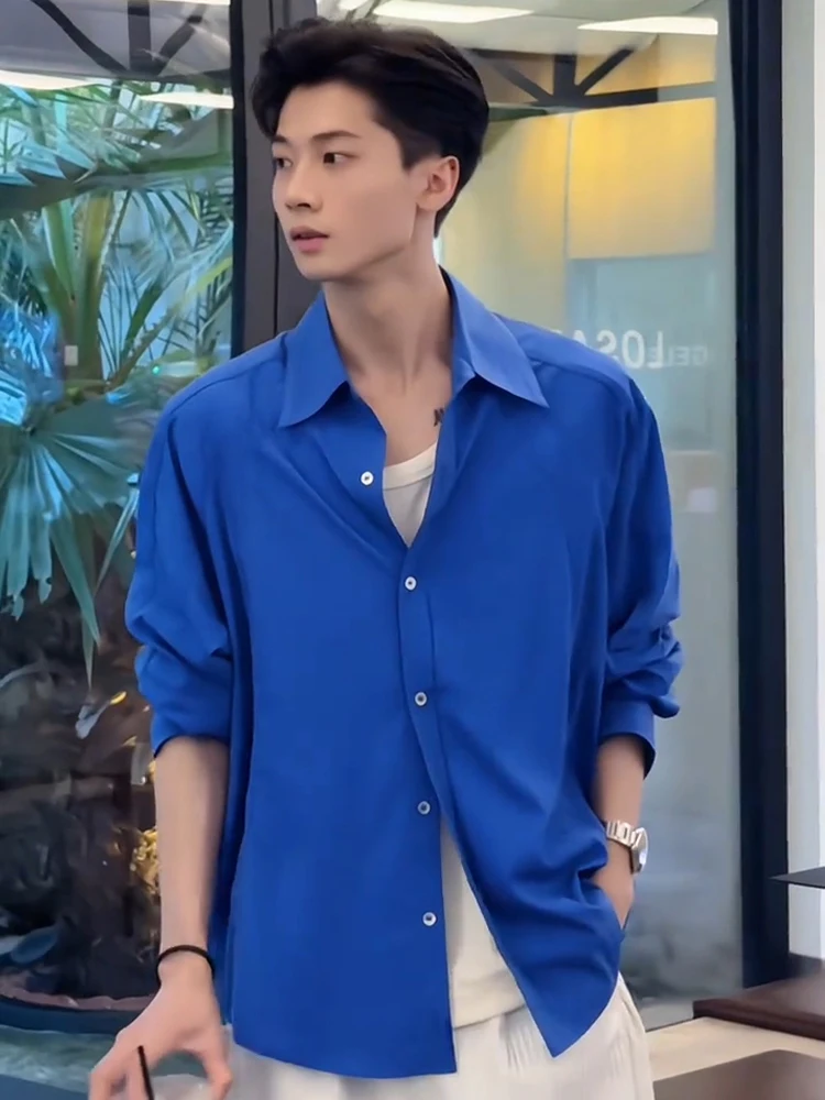 Klein Blue Men's Long Sleeve Shirt Early Autumn Korean Style Sun Protection High-End CleanFit Shirt Coat Standard Fit Casual ...