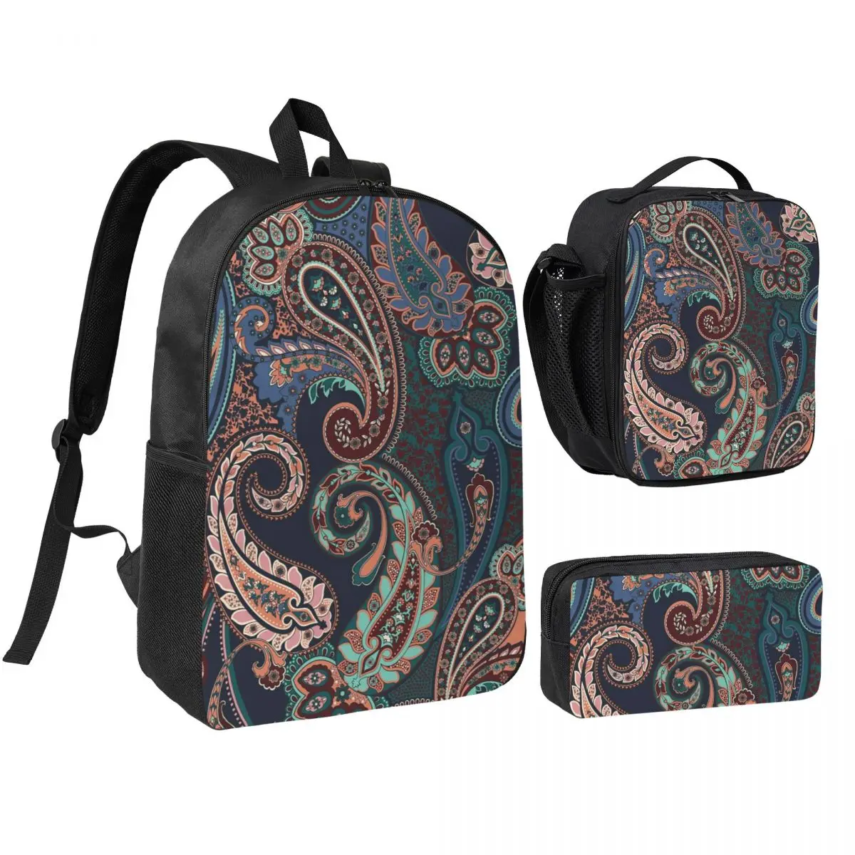 Vintage Paisley Pattern Backpack Boys Girls BookBag School Bag Shoulder Bags 3ps Insulated Lunch Bag Pencil Case