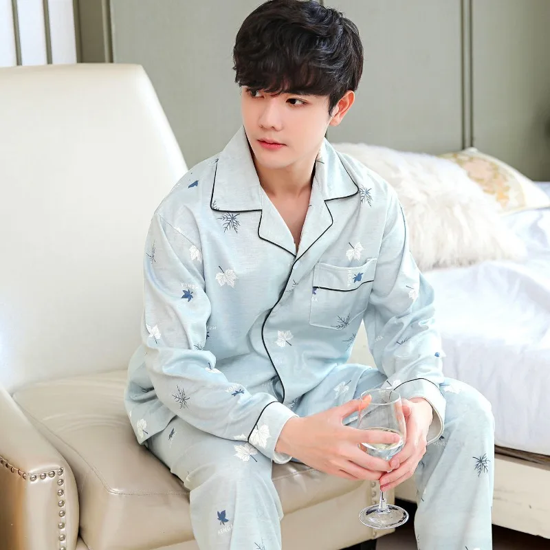 Men\'s Spring and Fall Long-Sleeved Long Pants Pajamas Cardigan Big Size Korean Nightwear Loungewear Leisure Sleepwear Homewear