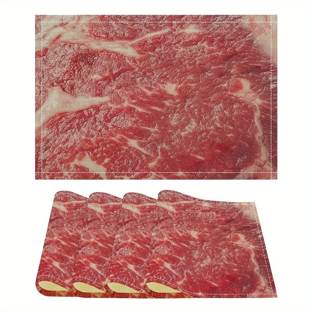 Novelty Beef Meat Pattern Placemats Set of 4 Realistic Steak Print Heat Resistant Table Mats for Kitchen Dining Fun Decor
