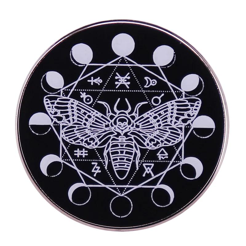 Death's Head Moth Enamel Pin Phase Of The Moon Badge Alchemical Symbols Brooch