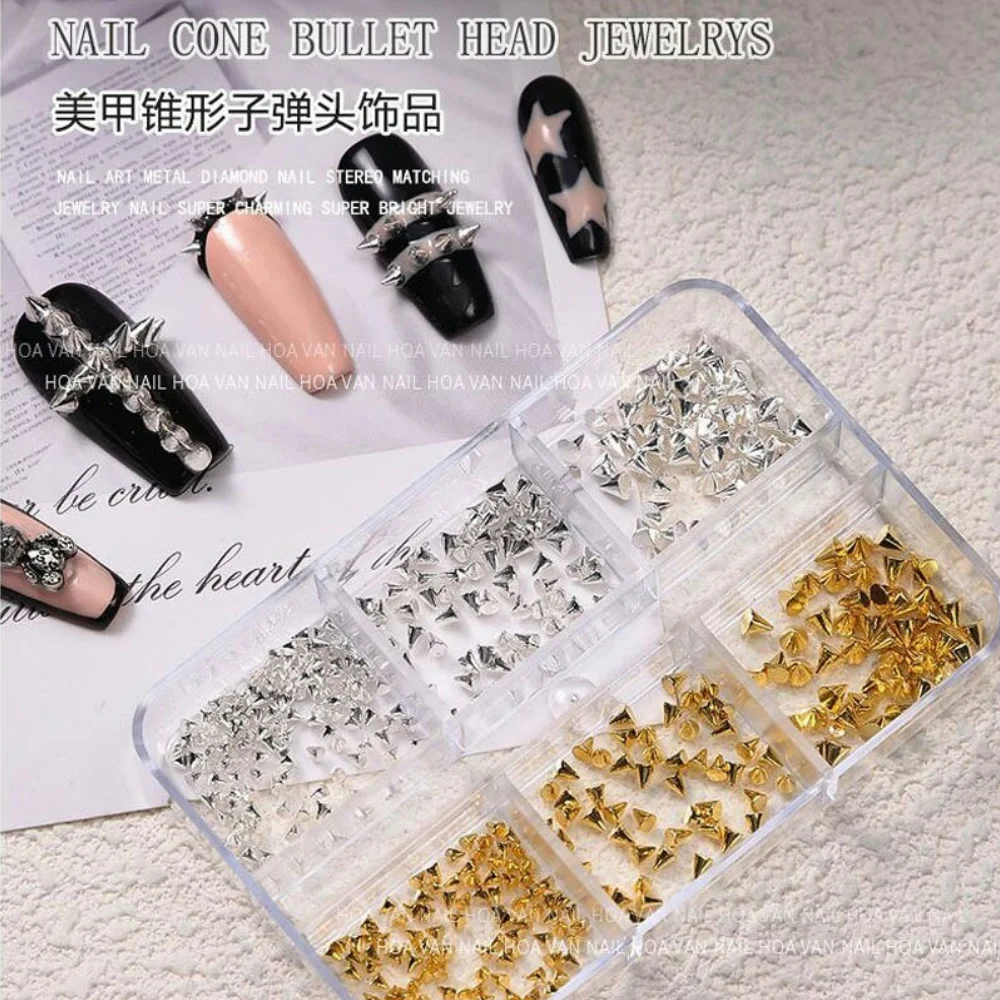 6Grids/150Pc  Punk Cone Spike Nail Studs 3D Goth DIY Nail Charms Jewels Gold Silver Alloy Nail Rivets Beads Tiny Stick Nail Art