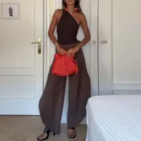Traje Sexy de un hombro con espalda descubierta para Mujer, Top calado + pantalones de pierna ancha, conjunto liso de 2 piezas, ropa de calle sin mangas para verano