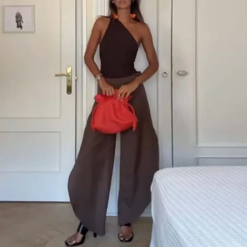 Traje Sexy de un hombro con espalda descubierta para Mujer, Top calado + pantalones de pierna ancha, conjunto liso de 2 piezas, ropa de calle sin mangas para verano
