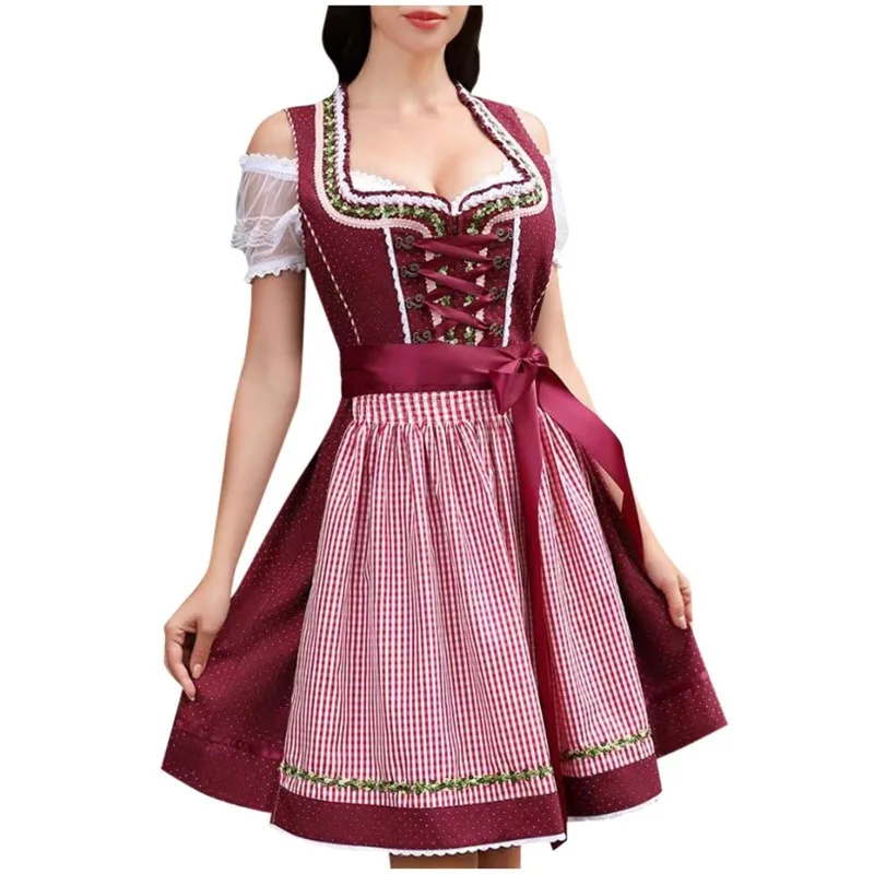 Bier Festival Dirndl Kleid Oktoberfest Maid Kostüm 2024, sexy schulterfrei, kurzärmelig, quadratischer Kragen, kariert, Patchwork, Vestido