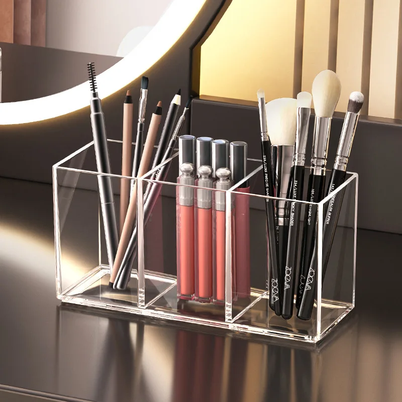 

Clear Acrylic Pen Holder Compartments Desk Organizer Stationery Pencil Cup Makeup Brush Storage Office Supplies