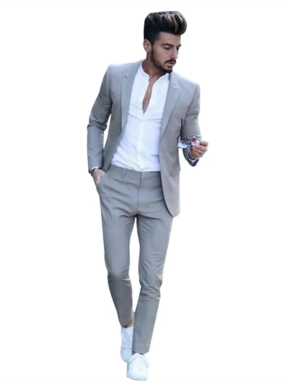 2-Piece Light Grey Men\'s Slim Fit Suits for Wedding Business Notch Lapel One Button Jacket & Trousers Smart Casual Men Suits