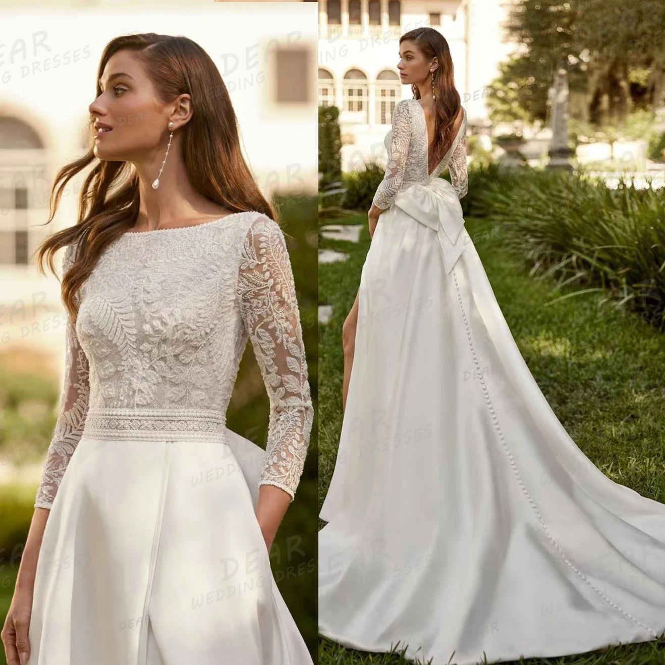 Vestidos De Novia De satén con apliques simples para mujer, vestidos De Novia formales bohemios, vestidos De Novia De manga larga, línea A, Sexy y elegante