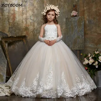 Lyxig Transparent Långärmad Applikationer Brudnäbbsklänningar För Bröllop 2025 Prinsessa Spets Glittriga Pärlor Barnens Första Kommunionsklänning 10 best sales Girl first communion dress - №3