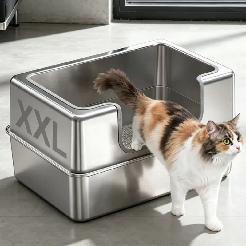 70L Oversized Stainless Steel Cat Litter Box Splash Proof High Fence Deepened Easy to Clean Cat Toilet Pet Supplies