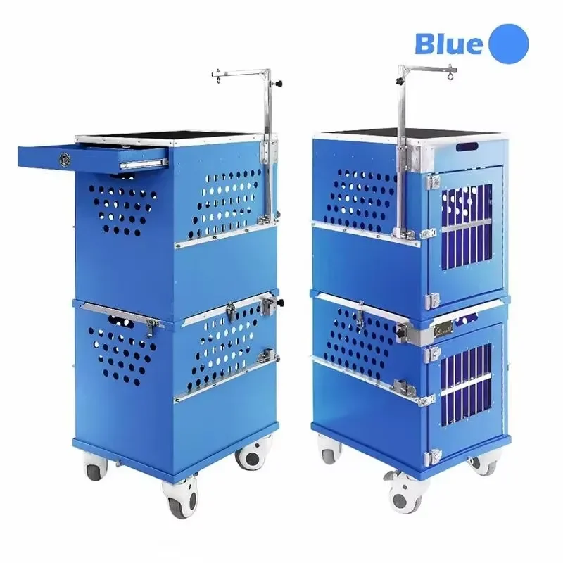 Stackable Lockable Aluminum Double Layer Double Position Dog Display Cage Set with Pull Rod & Grooming Arm Drawer Snap