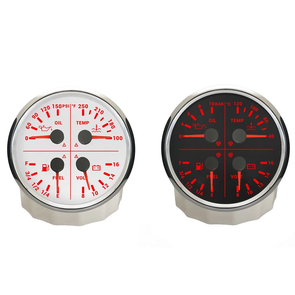 ELING 110mm 4in1 Multi-Function Gauge Oil Pressure 0-10Bar/150PSI Water Temp Fuel Level Voltmeter 8-16V with Alarm for Car RV