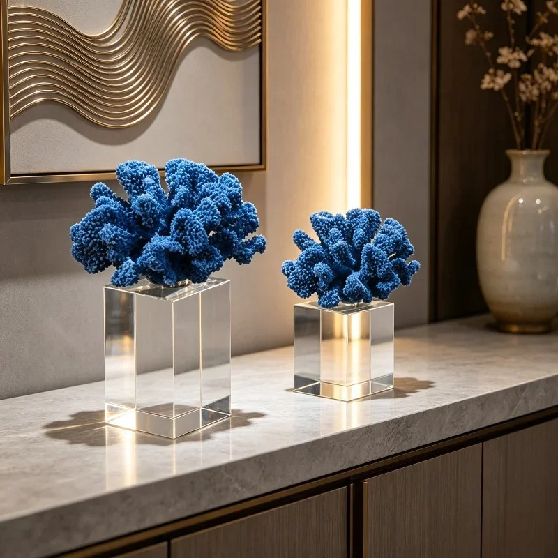 Blue Faux Coral Sculpture Ornament Clear Glass Base Resin Coral Statue Modern Living Room Restaurant Tabletop Decor Ornament