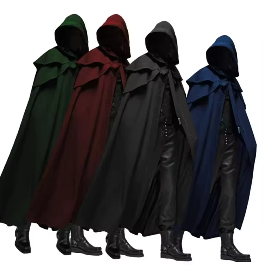 Medieval Vintage Hooded Loose Black Cloak Coats Windproof Trench Chic Winter Long Cape Poncho Mens Cosplay Assassin Wizard Cloak