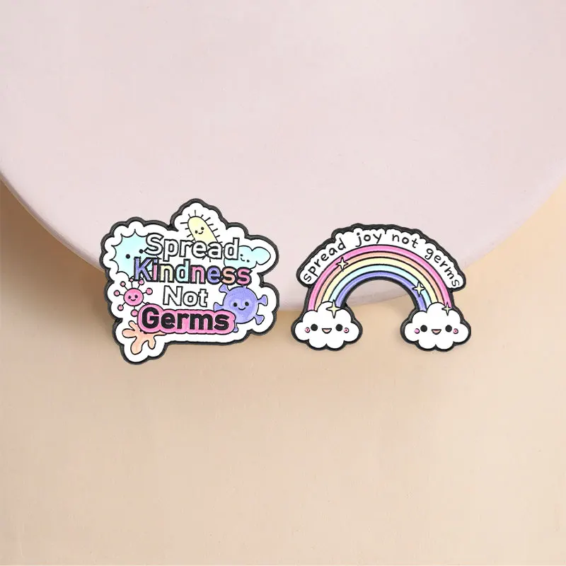 Cute Rainbow Cloud Germ Enamel Pins Stay Health Quotes Spread Kindness Not Germs Brooches Lapel Badge Jewelry Gifts for Friends