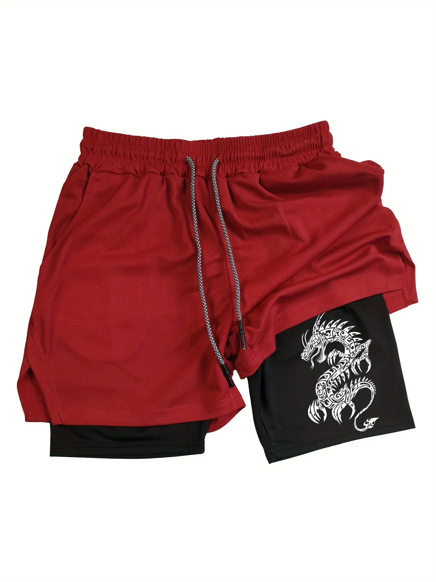 Men's Dragon Print Double-Layer 2-in-1 Sports Shorts - Breathable Quick-Dry Workout Shorts