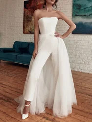 Mono de playa sin tirantes, vestidos de novia con tren desmontable 2024, vestido de novia blanco sin espalda, pantalones deslizantes, mono de fiesta