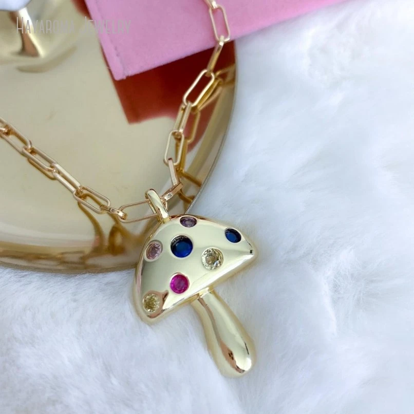 

10Pcs Gold Color Paperclip Mushroom Pendant Necklace Women Nature Hippie Jewelry Cubic Zircon Charm Gift