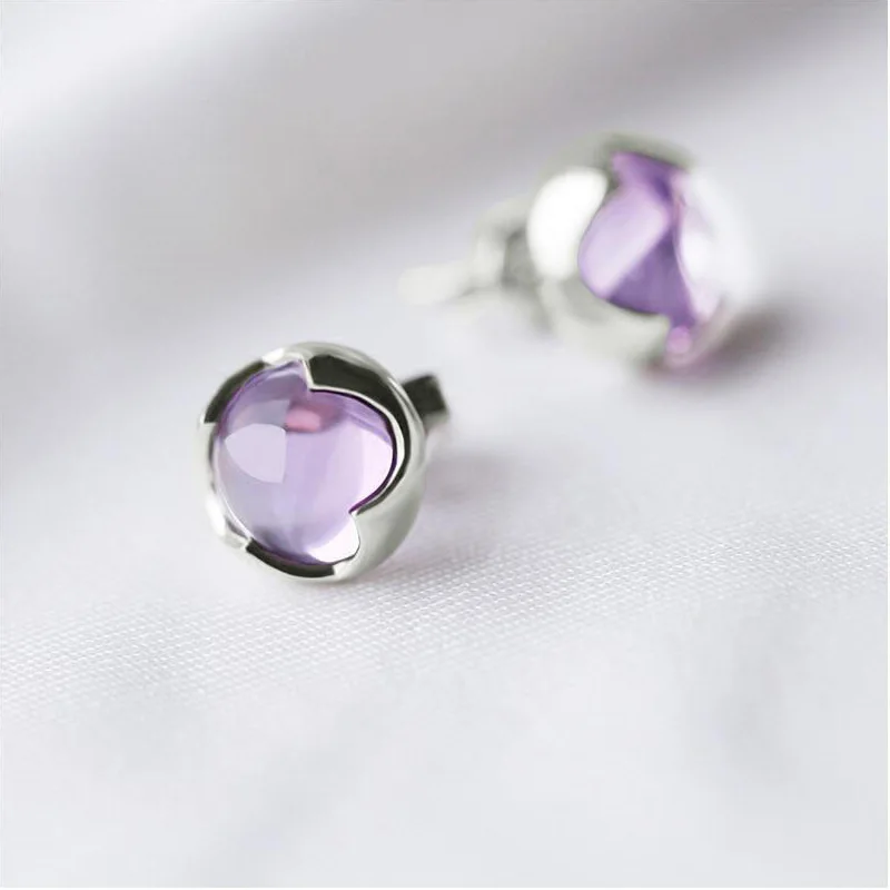 925 sterling silver amethyst stud earrings women's simple all-match purple gem ear-caring earrings