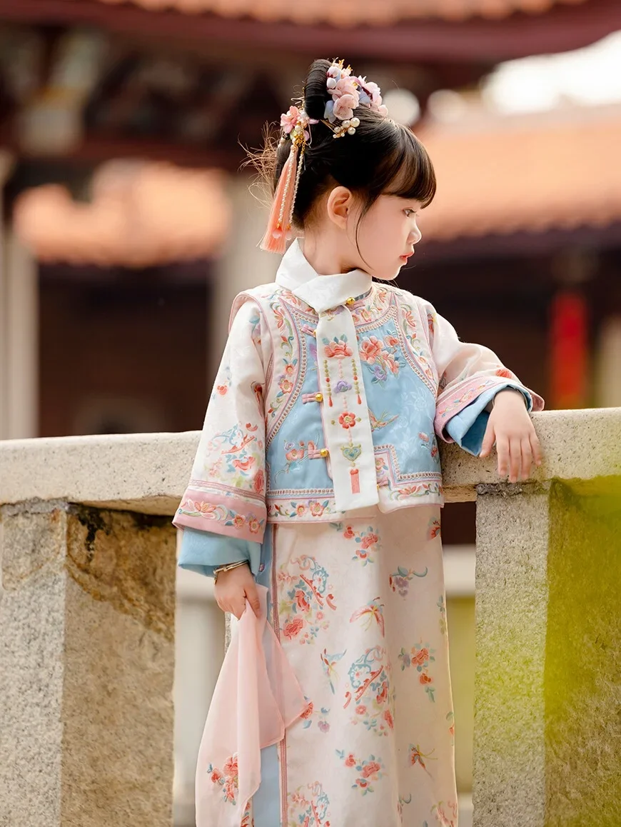 Gege Hanfu เสื้อผ้า2024กี่เพ้ายาวสไตล์จีนสำหรับเด็กผู้หญิงเสื้อผ้าฤดูใบไม้ผลิและฤดูใบไม้ร่วง