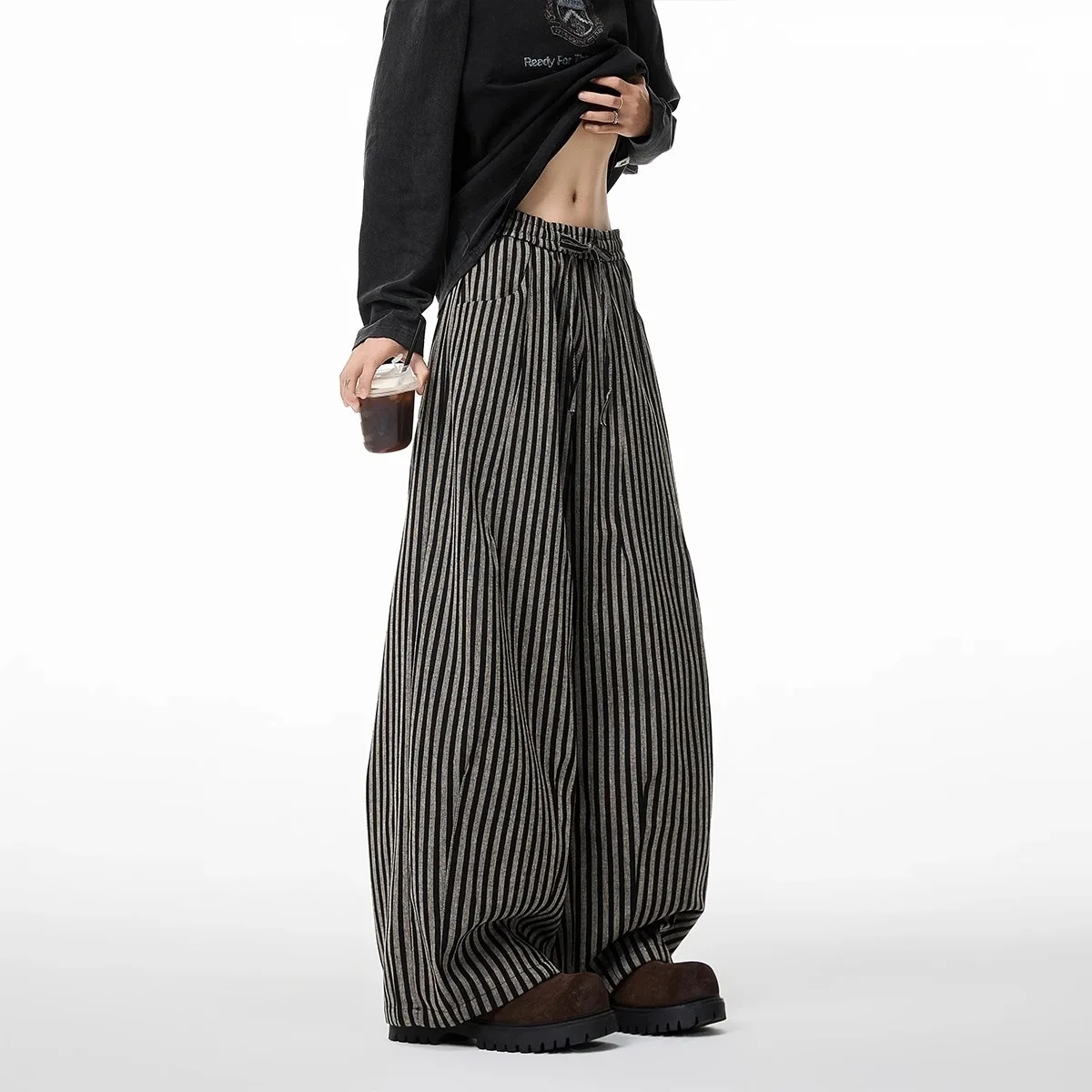 

American relaxed vertical striped casual pants for men and women, spring straight pants, scimitar wide-leg floor-length pants