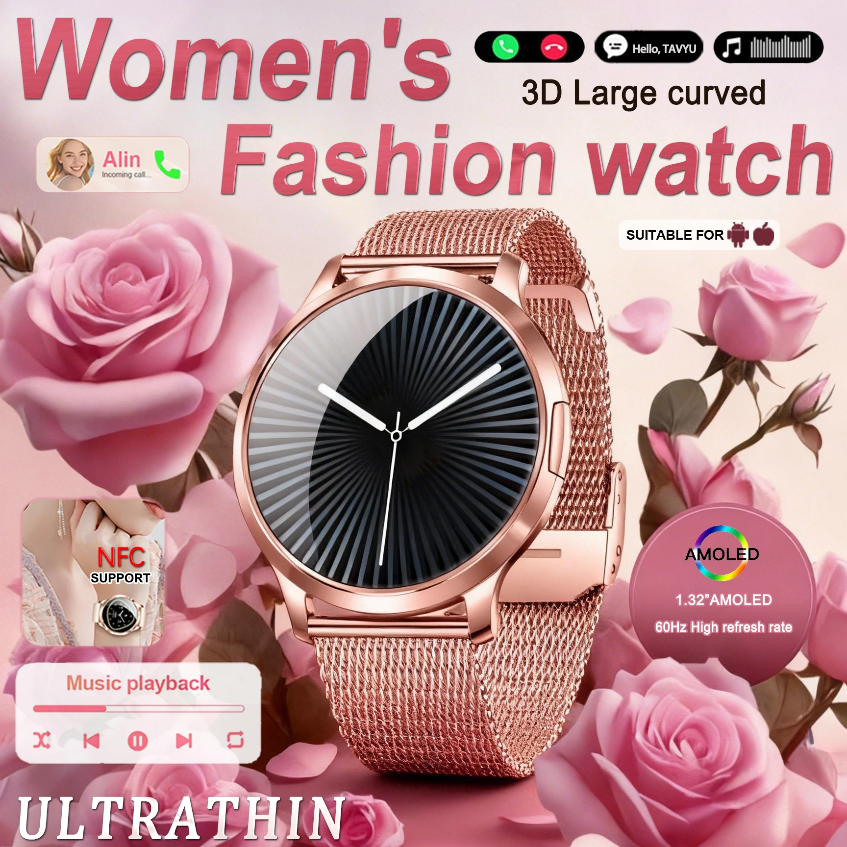 

2026 NEW 3D Curved 1.32 AMOLED HD 60Hz Screen Women Smart Watch Sport Fitness Bracelet Custom Watch Face BT Call Smart Watches