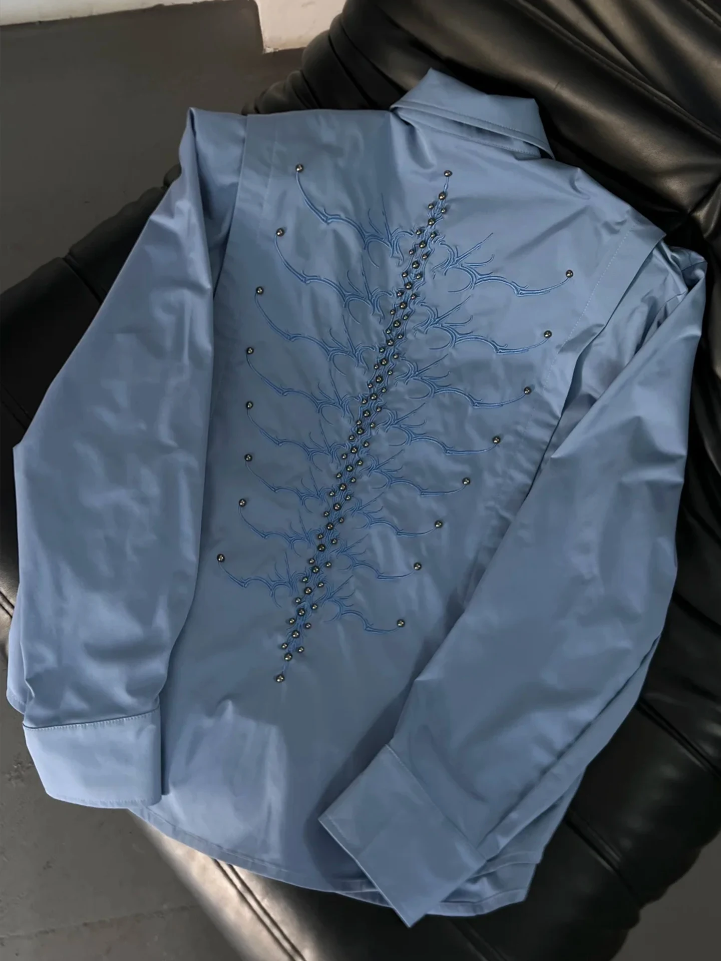 Rivet Spine Embroidery Loose Long Sleeve Men's Shirt American Style Heavy Duty Casual Fashion Outerwear Jacket Coat
