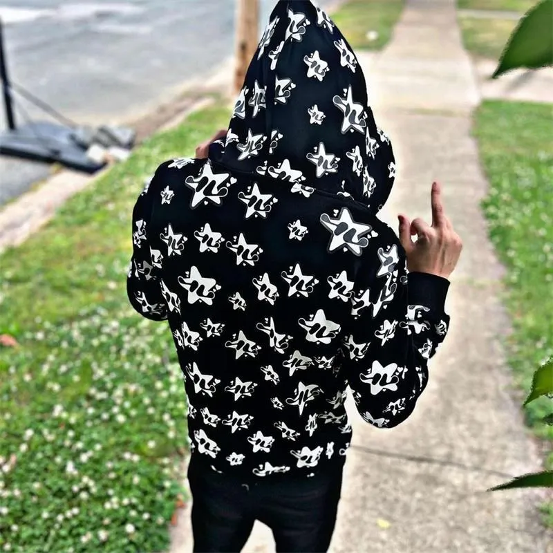 BIG PROMOTION Y2K Autumn/Winter Men\'s Strange Star Print Hooded Sweater New Korean Loose bf Trendy Commuter Coat