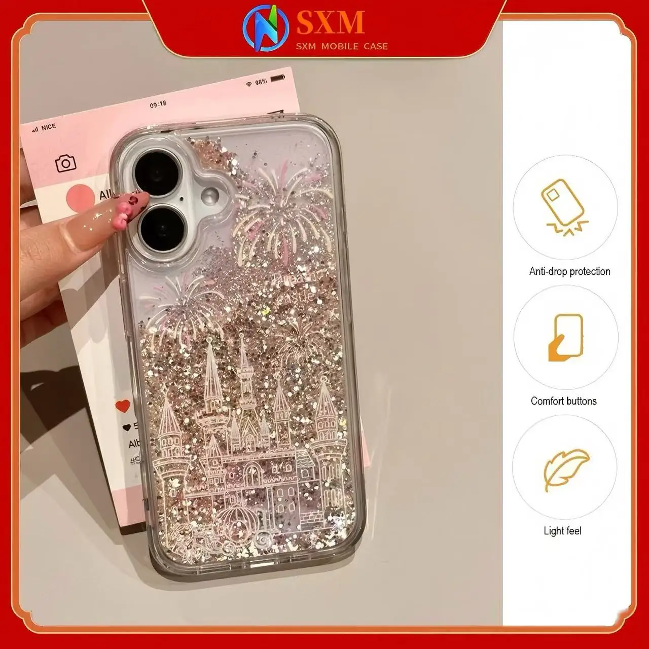 

Applicable to Apple phone powdery smoke flower castle silver sand new version precision hole phone case