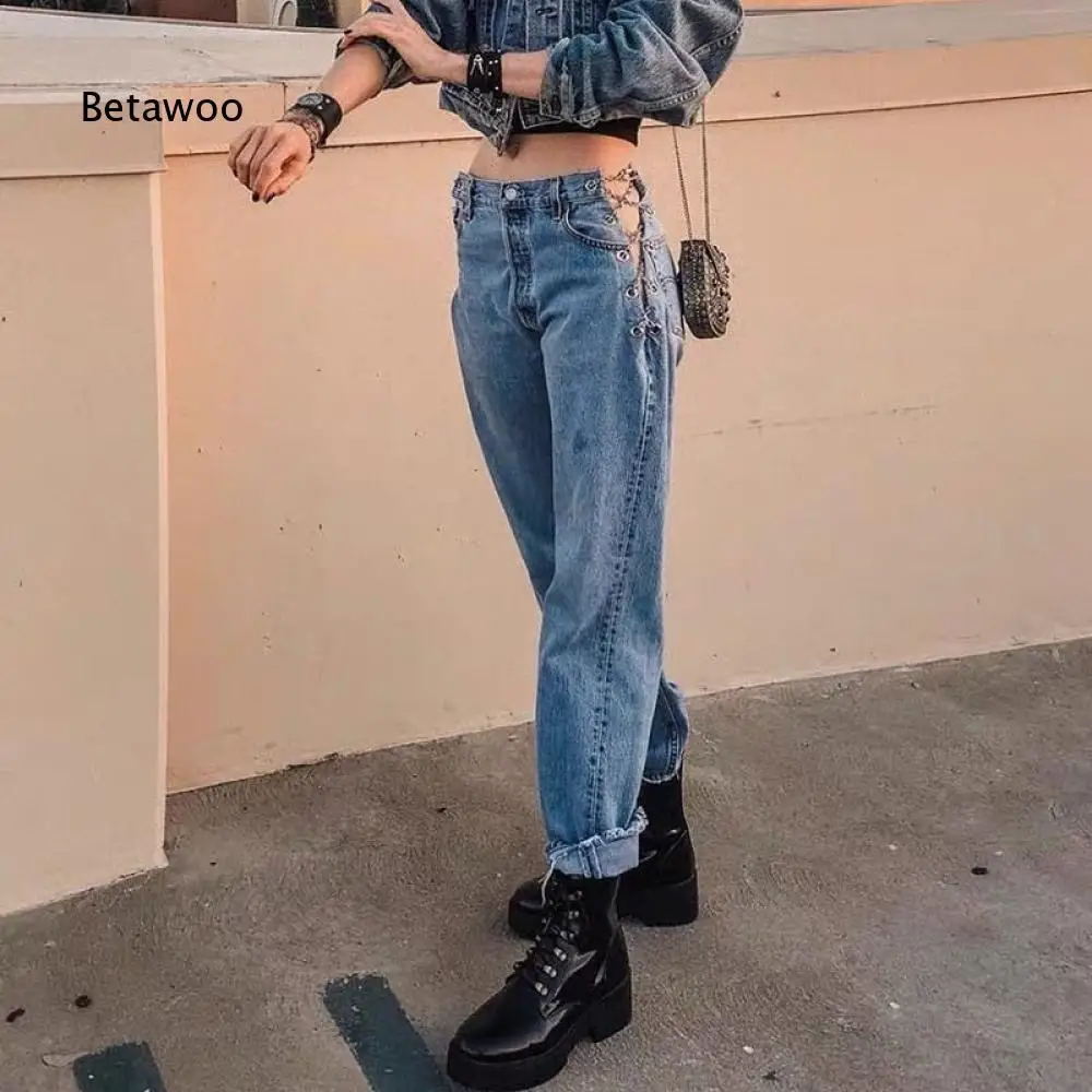 Womens High Waist Straight Leg Denim Jeans Side Cutout Chain Decor Rolled Hem Loose Fit Denim Pants For Street Daily Outfit