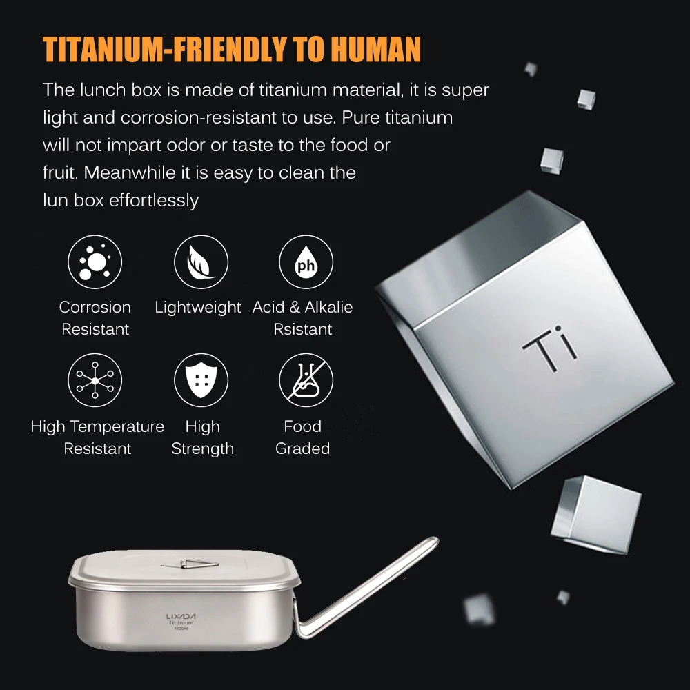 1100ml Ultralight Titanium Lunch Box with Foldable Handle for Outdoor Camping Hiking Backpacking Picnic