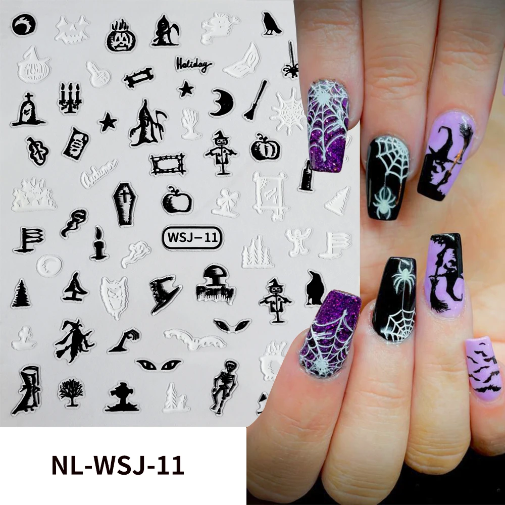 Adesivi per nail art 3D Halloween Punk Goth Nero/Bianco Teschio Zucca Pipistrello Ragnatela Adesivi per unghie Cursori Decalcomania per manicure Decoratio