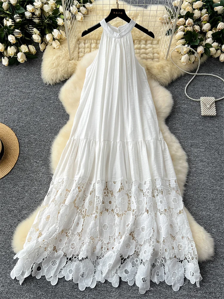 SINGREINY Lace Embroidery Sleeveless Dress Women Patchwork Vacation Elegant Solid Elegant Ladies Casual A Line Beach Dresses