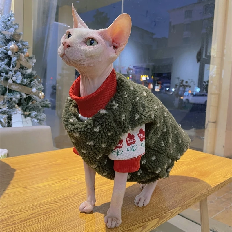 Soft Cotton Coat for Sphynx Cat Clothes Red Floral Sweatshirt in Spring for Kittens Sweet Costume Long Sleeves for Female Cats