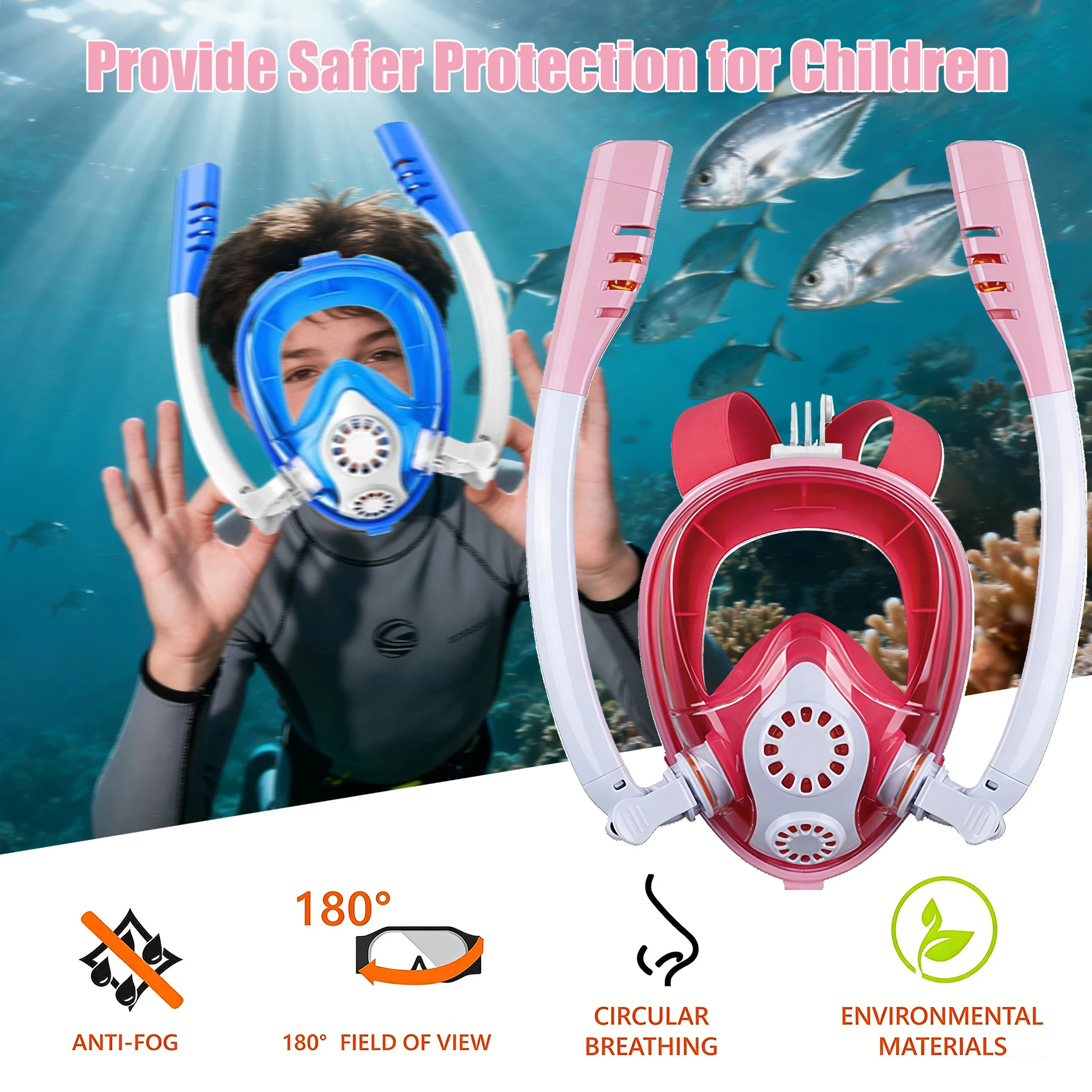 Kids Professional Snorkeling Mask 180° Full Face Snorkel Mask Wide-Eye Panoramic Vision Scuba Anti Fog Goggles Children Swimming view 2