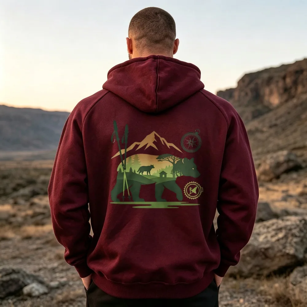 Unisex Bear Mountain Forest Hiking Graphic Hoodie Trekking Pole Compass Print Outdoor Hooded Sweatshirt Long Sleeve Pullover Top