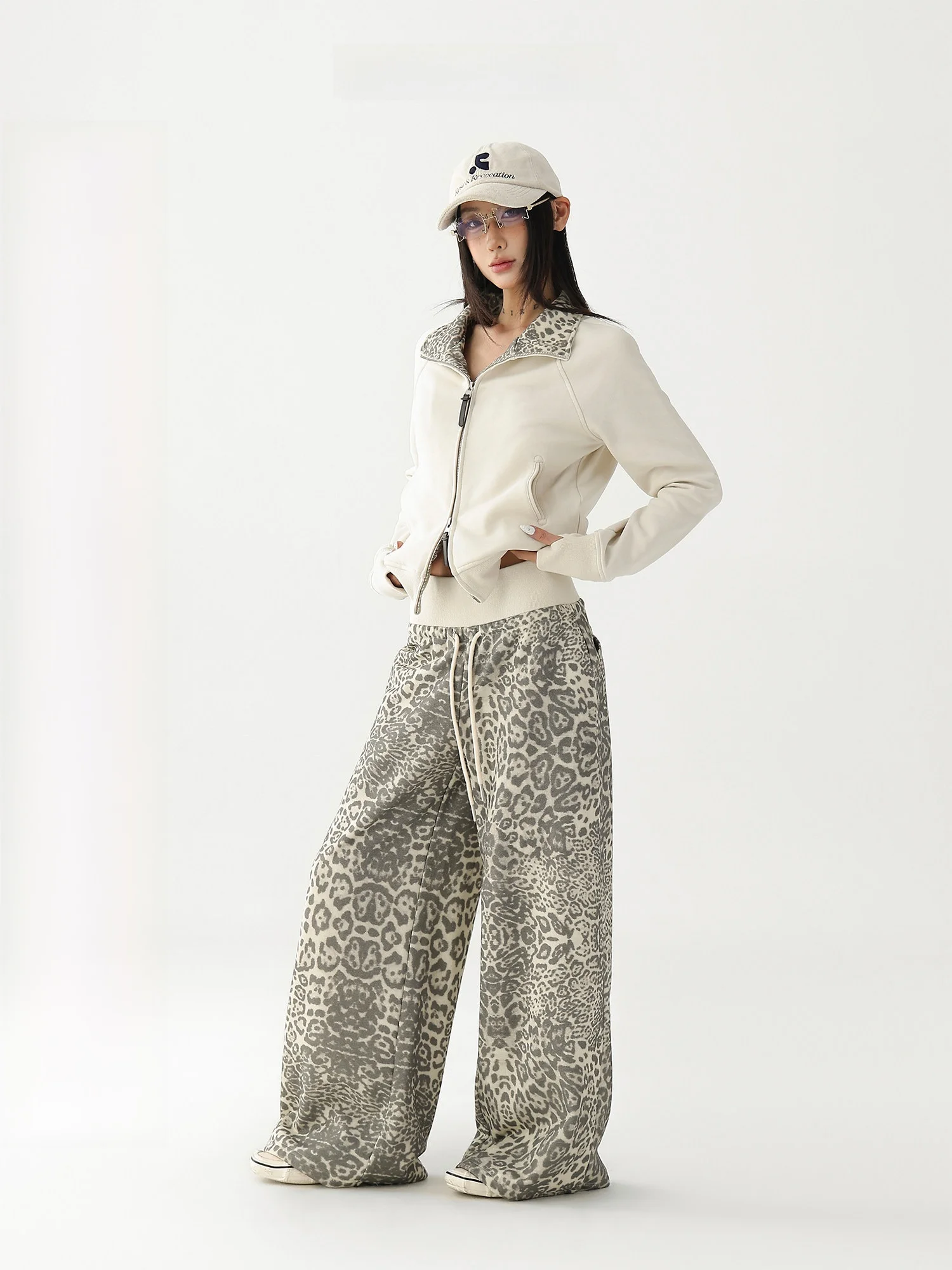 

AceStudios American Retro Spicy Girl Leopard Print Short Fit Stand Collar Jacket Women's Drape Wide Leg Pants Set