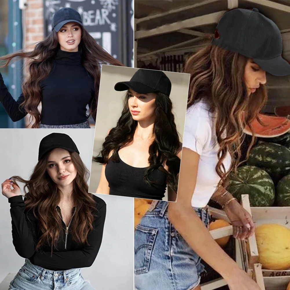 Gorra de béisbol sintética con extensiones de cabello para mujer, postizos de fibra resistente al calor, ondulados, largos, ajustables, 24 pulgadas