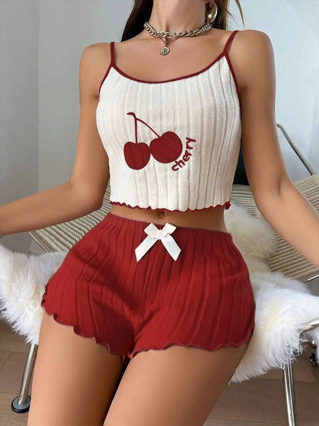 

Summer New Women's Suspender Sleepwear Home Suit Set Solid Color Pit Stripe Cherry Suspender Vest Shorts Two-Piece Sleepwear Set
