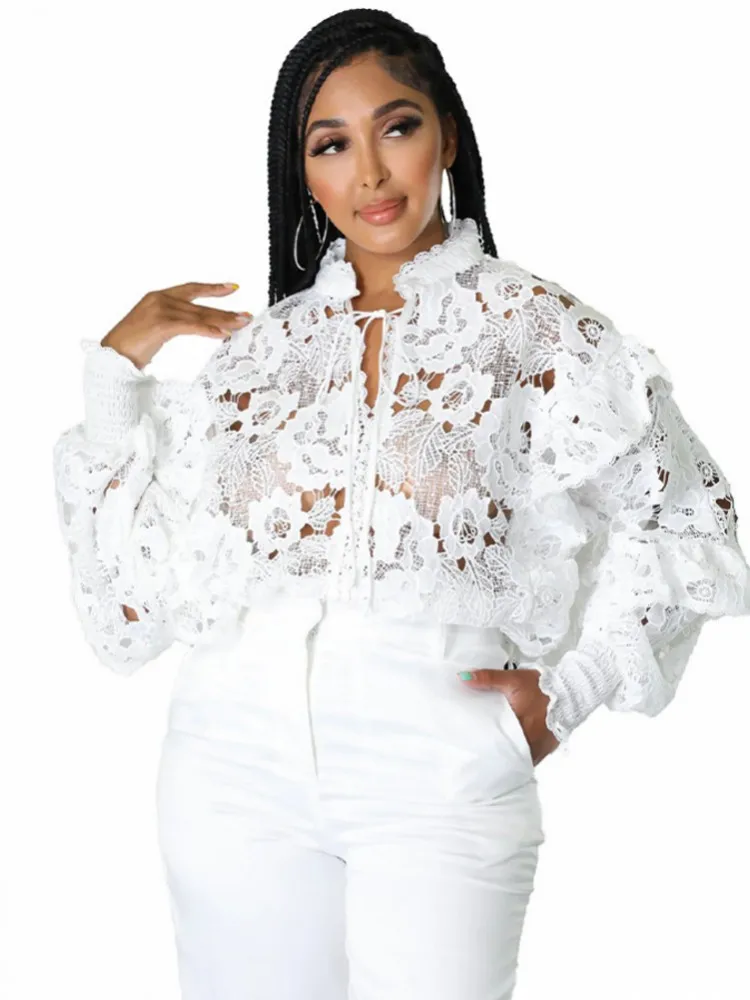 Dashiki African Shirts For Women Elegant Long Sleeve Hollow Out Lace Sheer See Through Top Blouse Clothing 2022 New Autumn