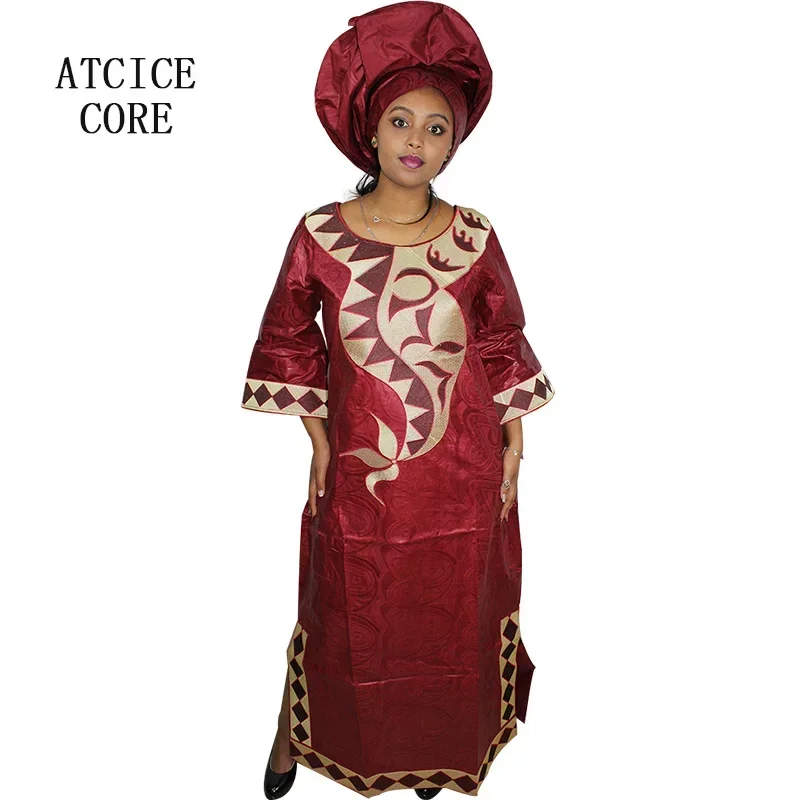 Afrikanischen Kleid Für Frau Bazin Riche Stickerei Lange Kleid Mit Schal 3/4 Hülse