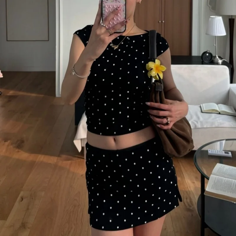 

Polka Dot Two Piece Skirt Set for Women Y2k Outfits Boat Neck Baby Tee and Low Rise Mini Skirt Skort Going Out Sets