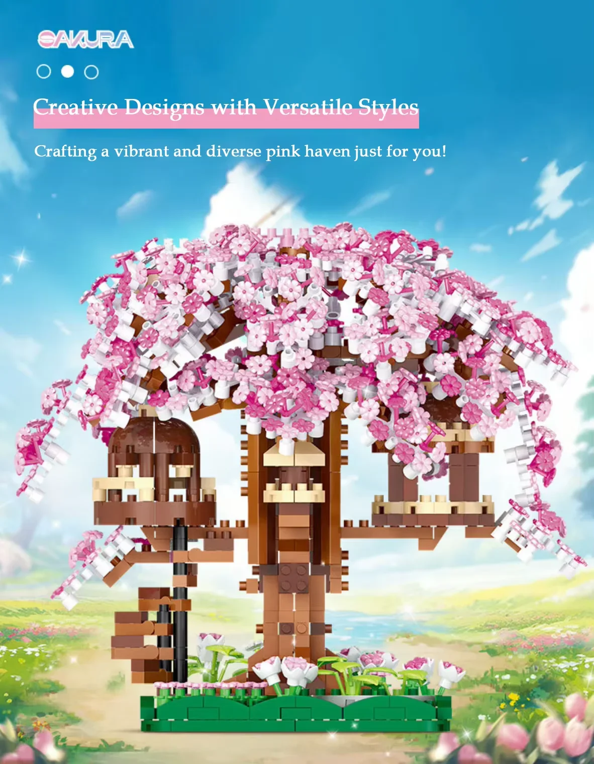 子供のビルディングブロック DIY おもちゃピンク正方形桜ツリーハウス建設セット花大人の装飾品ギフト