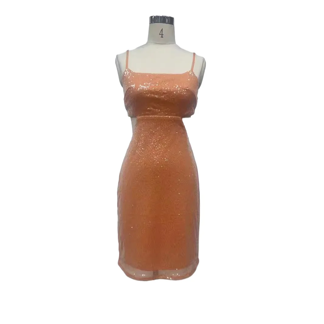 

Sexy Sequined Backless Spaghetti Straps Waist Cut Dress Orange