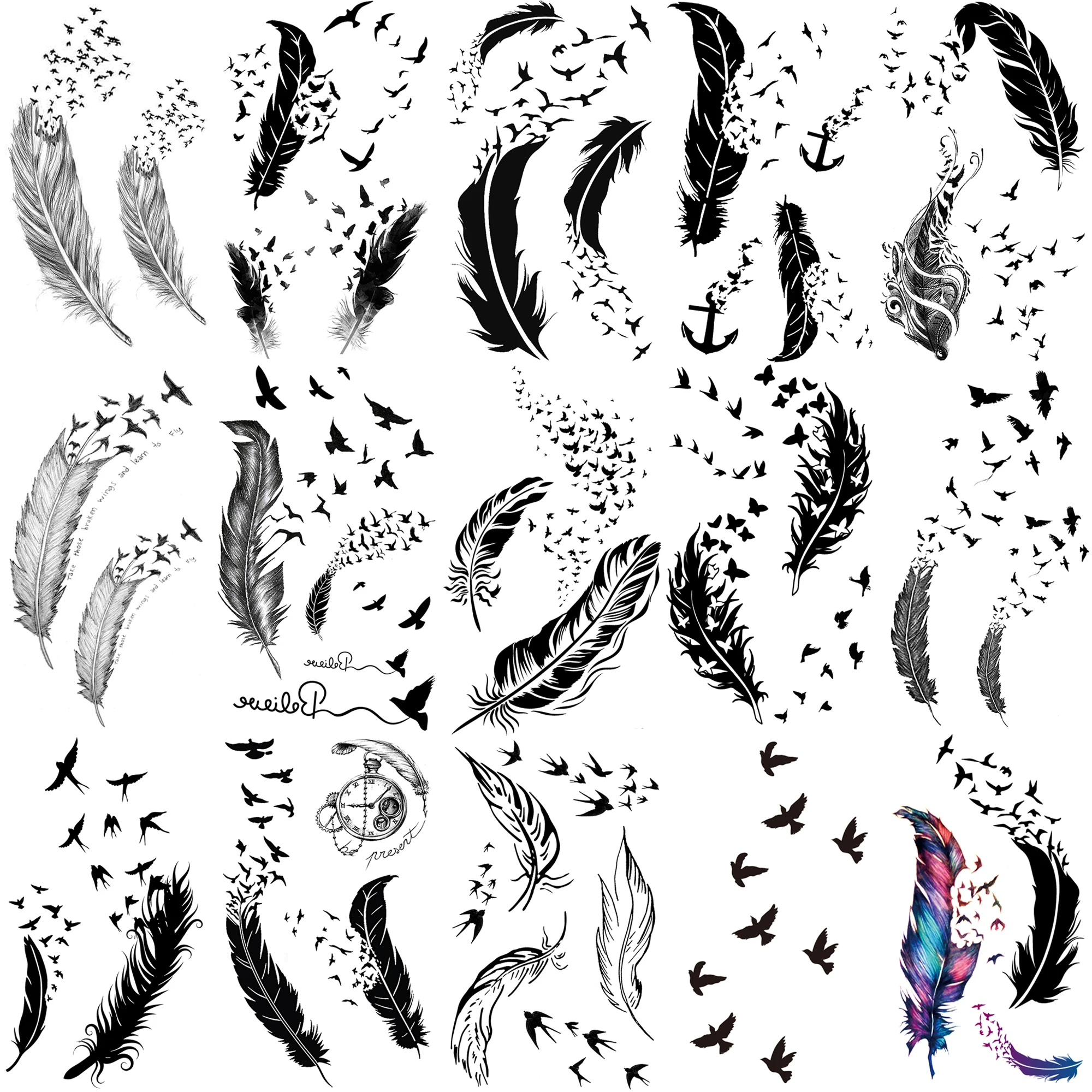 15 Sheets Feather Birds Temporary Tattoos For Women Girl Men Adults Transferable Disposable Tattoo Sticker Beauty Small Body Art