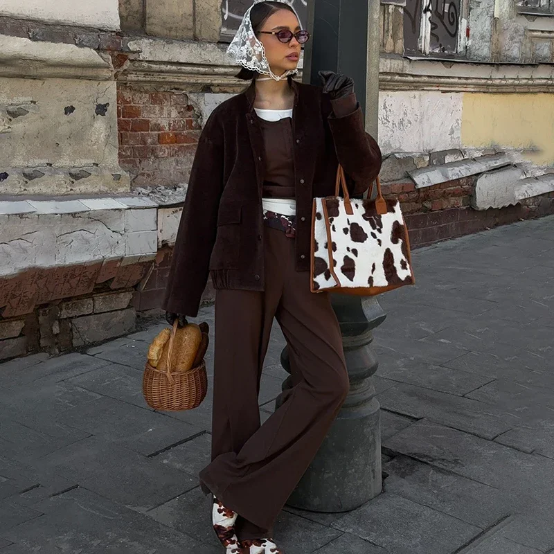 2025 Autumn Fashion Coffee Long Sleeve Jacket Coat Women's Stand Collar Loose Coat Buttons Corduroy Jacket Female New