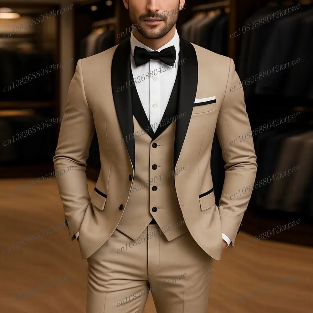 

Black Collar Beige Formal Men Suit Groom Groomsman Wedding Party Prom Business Male Tuxedos 3 Piece Set Blazer Vest Pants