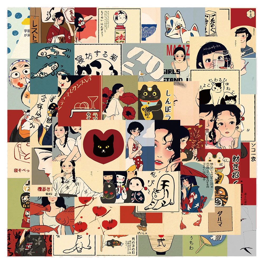 10/30/50 Stück Vintage Japanischer Stil Kultur Cartoon Aufkleber Ästhetische Graffiti-Sticker Spielzeug DIY Schreibwaren Handy Fahrrad Niedliche Aufkleber