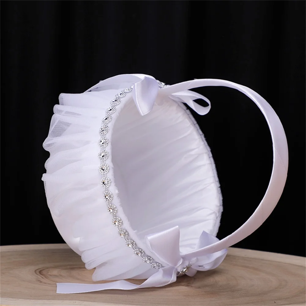 Elegant White Lace Wedding Flower Girl Basket with Rhinestones & Satin Bows, Bridal Shower & Wedding Ceremony Decor image 3