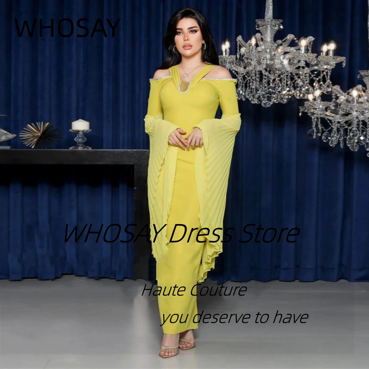 

WHOSAY Индивидуальные плиссированные платья для выпускного вечера с длинными рукавами, новый стиль, вечерние платья с вырезом из бисера, Саудовская Аравия, женские платья Vestidos De Noche